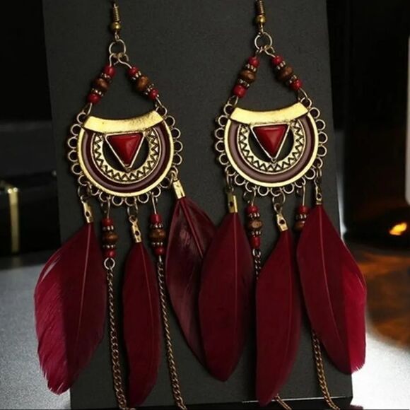 MWT WineRed bohemian feather drop earrings with dangle rope fringe tassel - Picture 1 of 6